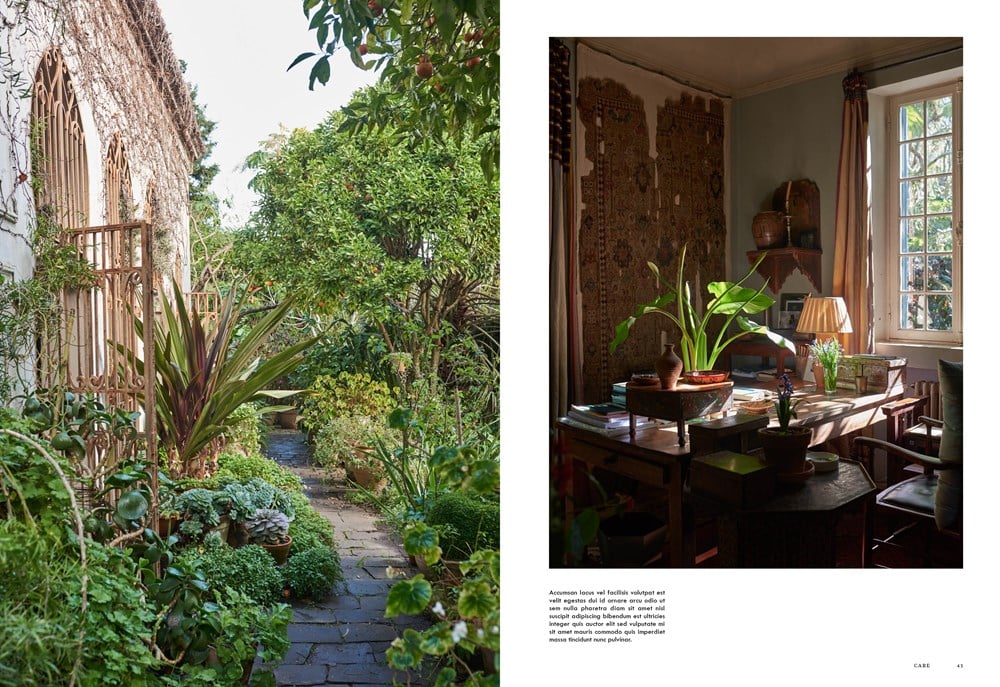 A tranquil pathway from the Common Ground's Kinfolk Garden meanders past the rustic exterior of the house. Within, a snug room features wooden furniture, lively plants, a lamp, and a tapestry adorning the wall as sunlight pours through the window.