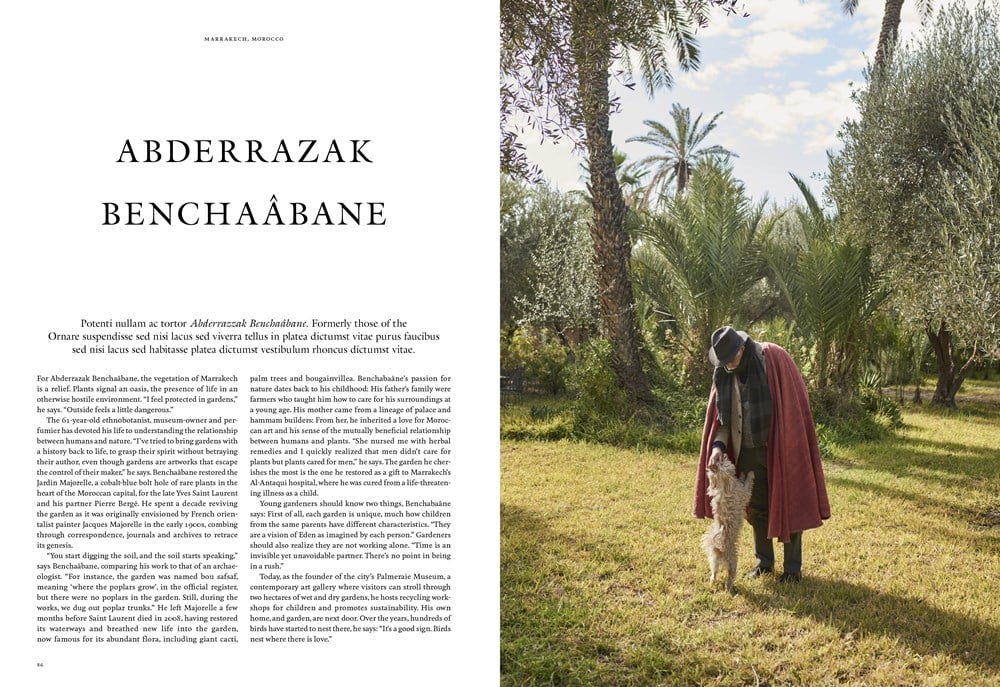 In a scene that evokes the aesthetics of the Kinfolk Garden by Common Ground, a person interacts with a white dog amidst towering trees and vibrant greenery. The text about Abderrazak Benchaâbane is elegantly displayed on the left side of the image.