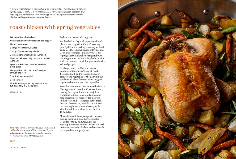 A cookbook page featuring a recipe for rosemary roast chicken with spring vegetables, alongside an image of the prepared dish in a roasting pan, perfect for Go-to Dinners by Common Ground.