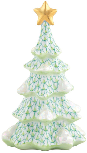 The Herend Simple Christmas Tree in Key Lime Green features a hand-painted green scale pattern, white snow-like accents, and a gold star on top—a festive porcelain figurine with exquisite craftsmanship.