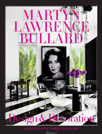 The book "Design & Decoration" by Martyn Lawrence Bullard, published by Penguin Random House, features luxury interiors in monochrome with pink-accented text and a woman’s photograph on the cover. Foreword by Tommy Hilfiger.
