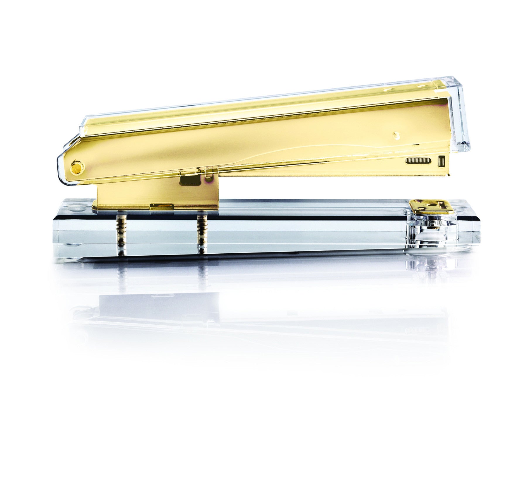A Russell & Hazel acrylic stapler with gold-toned hardware on a white surface.