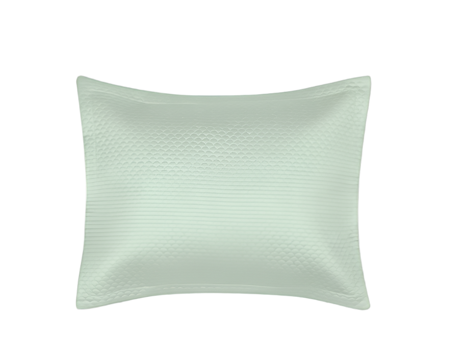 The Alba Bedding Collection, Opal by Matouk features a light green rectangular pillow with a subtle textured pattern in Egyptian cotton sateen, displayed on a plain white background.
