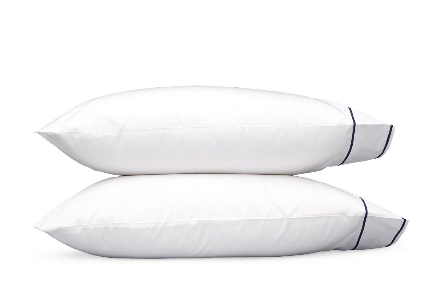 Two white pillows from the Ansonia Bedding Collection by Matouk, featuring a navy trim and crafted from luxurious 500 thread count Egyptian cotton percale, are stacked against a plain background.