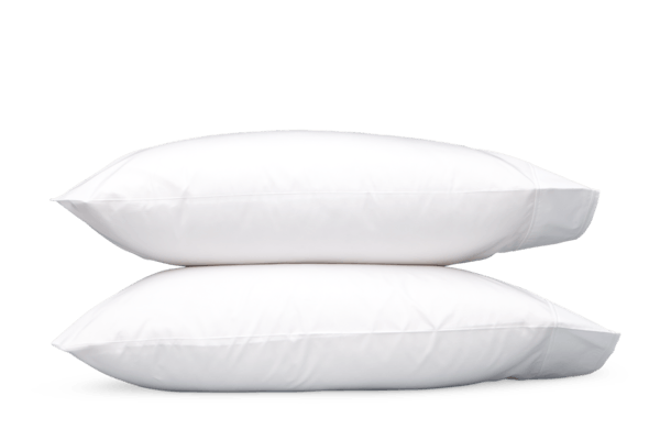 Two luxurious Matouk Ansonia Bedding Collection white pillows stacked on top of each other, boasting a high thread count for optimal comfort.