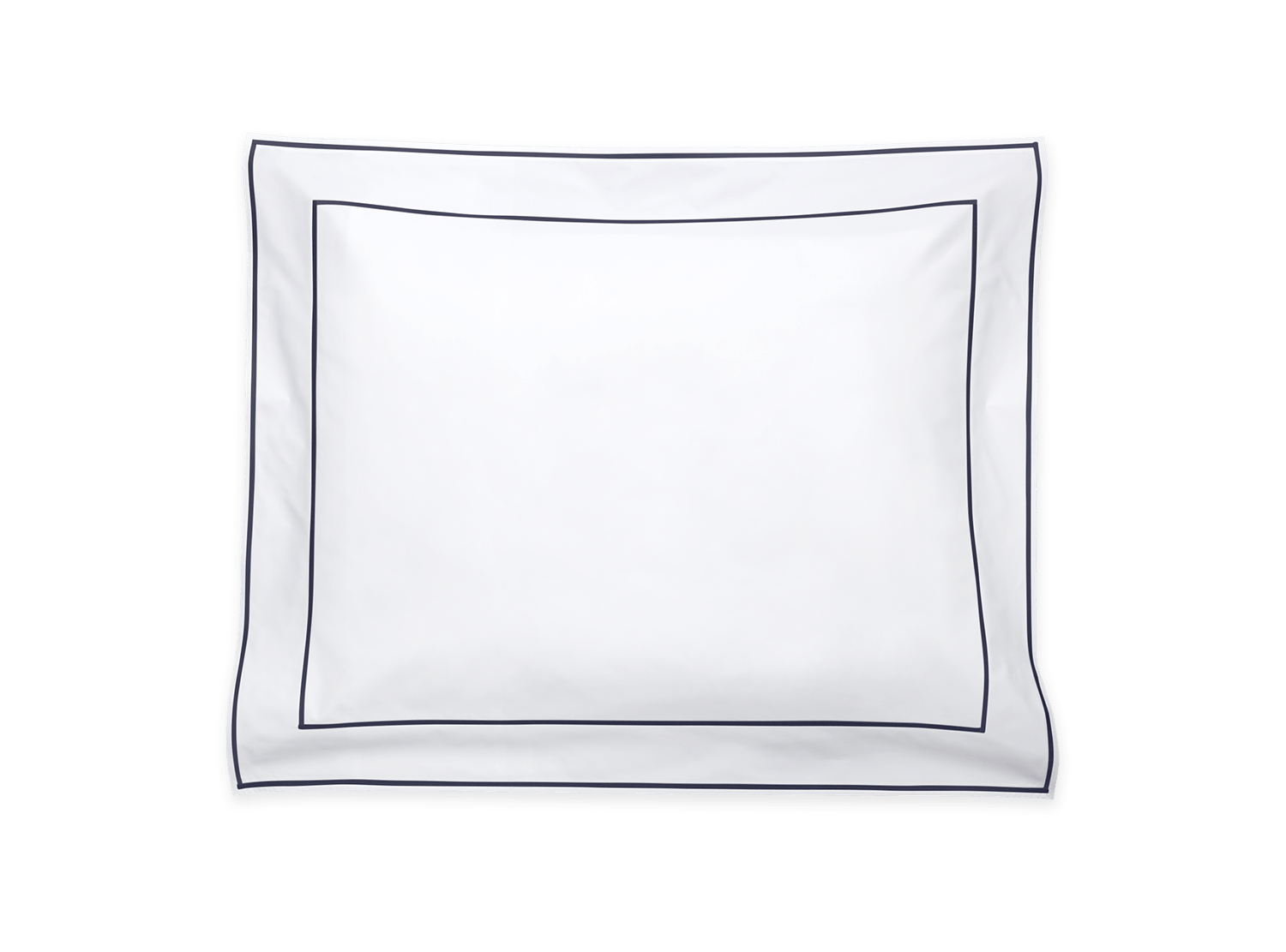 The Matouk Ansonia Bedding Collection in Navy features a white pillowcase with a dark rectangular border, crafted from luxurious Egyptian cotton percale and finished with elegant satin stitching, shown on a transparent background.