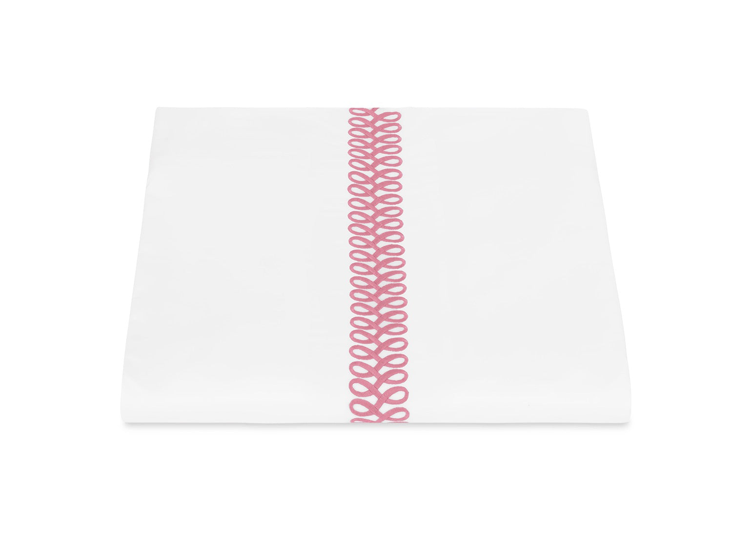 A folded white sheet from the Matouk Astor Braid Bedding Collection in Peony, featuring a vertical pink embroidered loop design, displayed on a white background.