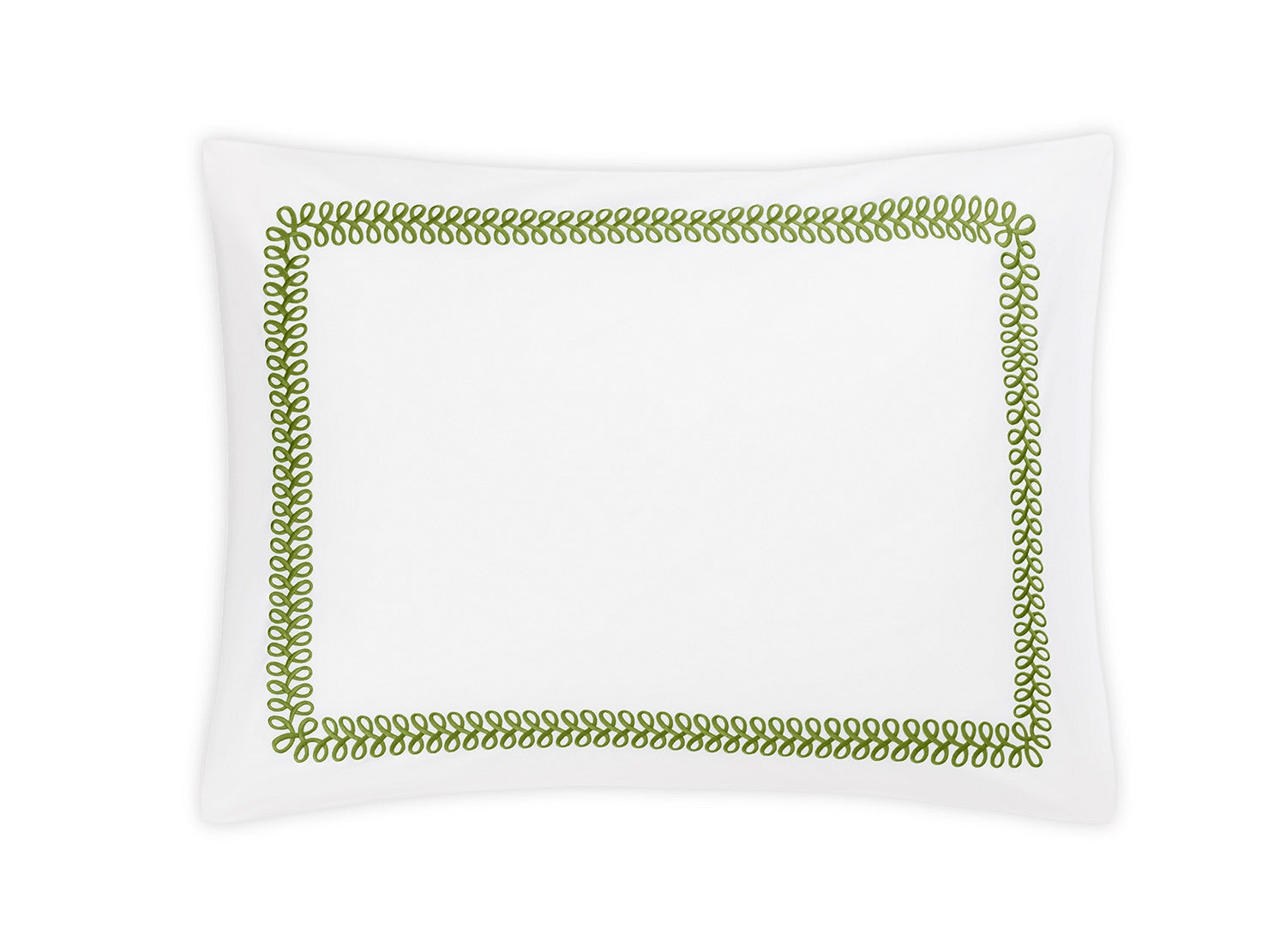 An embroidered Matouk Astor Braid Bedding Collection, Grass pillow with green trim.