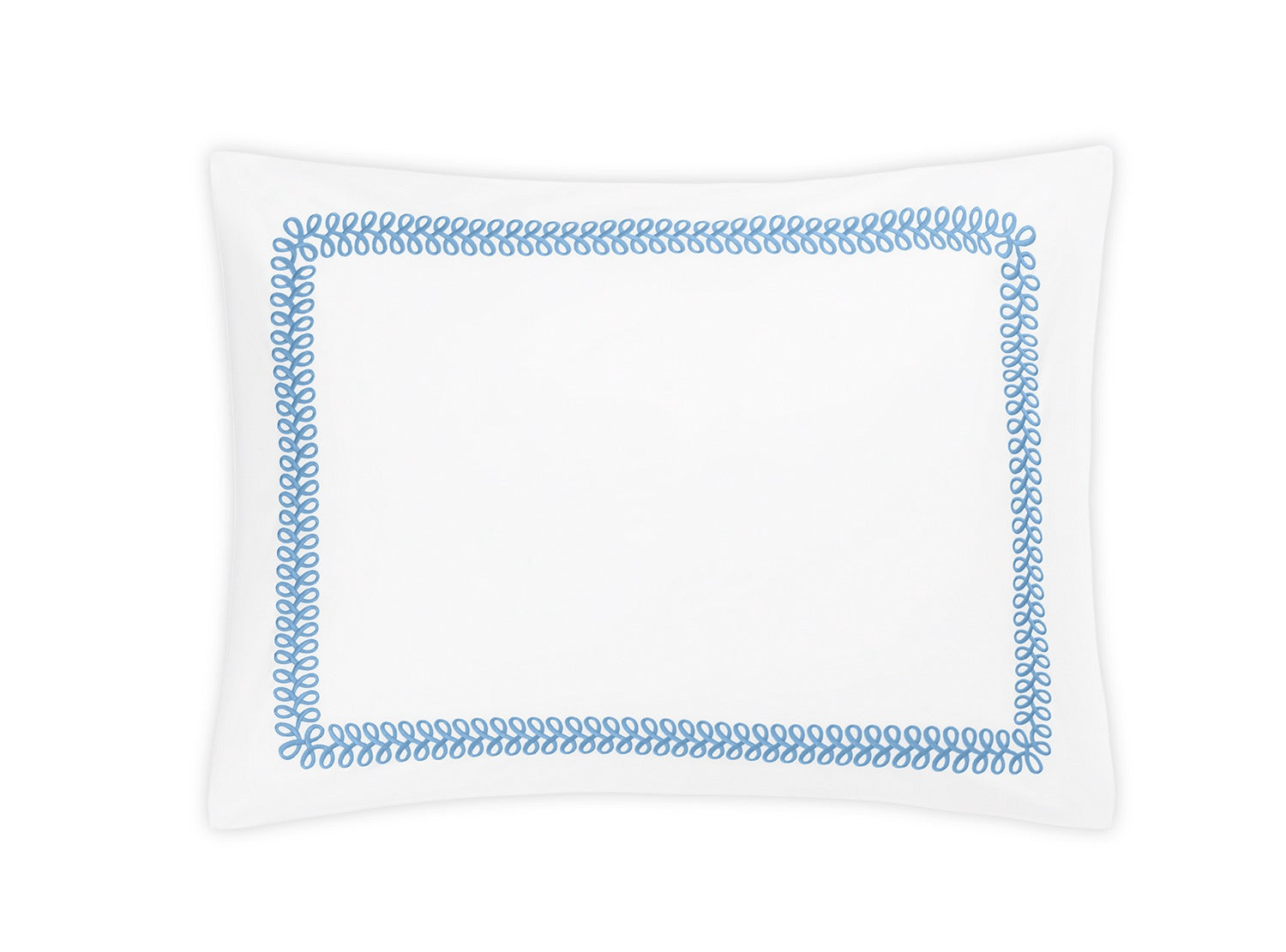 White square pillow from Matouk's Astor Braid Bedding Collection, Sky with a blue chain-like border design on a white background.