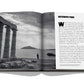 A black and white photo of a book with a picture of a pillar inspired by Athens culture, featuring the Athens Riviera by Assouline.