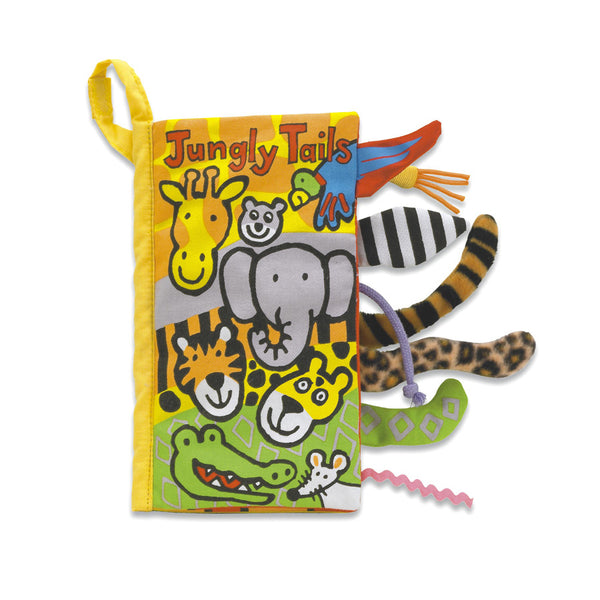 Jungle tails baby book with a giraffe, zebra and other animals by Jellycat.