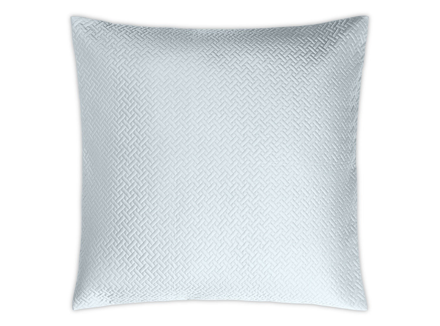Matouk's Basketweave Bedding Collection in Pool: a square, light blue pillow made from luxurious Egyptian cotton features a subtle geometric basketweave texture, shown from above on a white background.