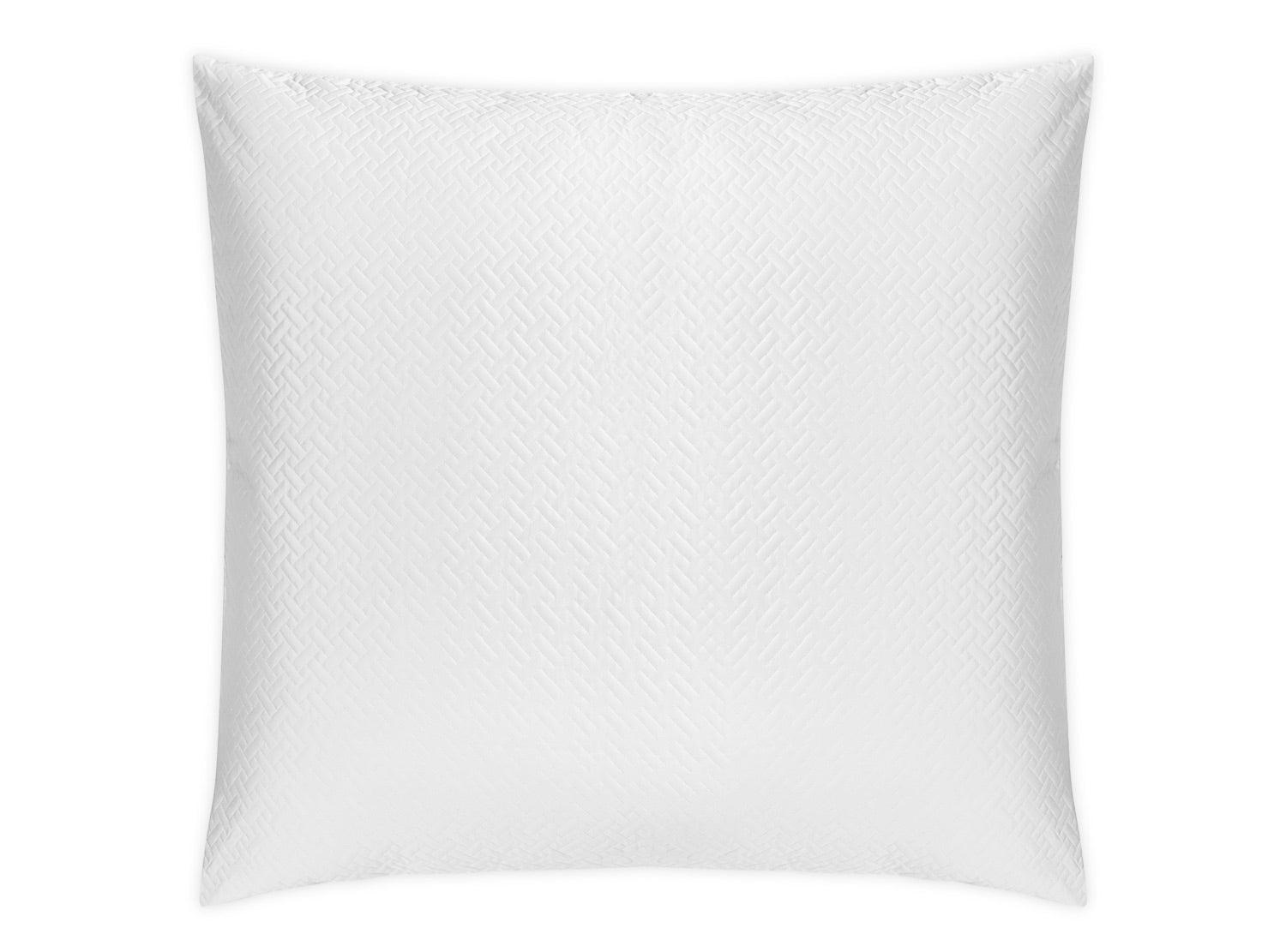 The Matouk Basketweave Bedding Collection in white features a square pillow with a subtle geometric basketweave pattern, crafted from luxurious Egyptian cotton sateen, shown on a plain white background.