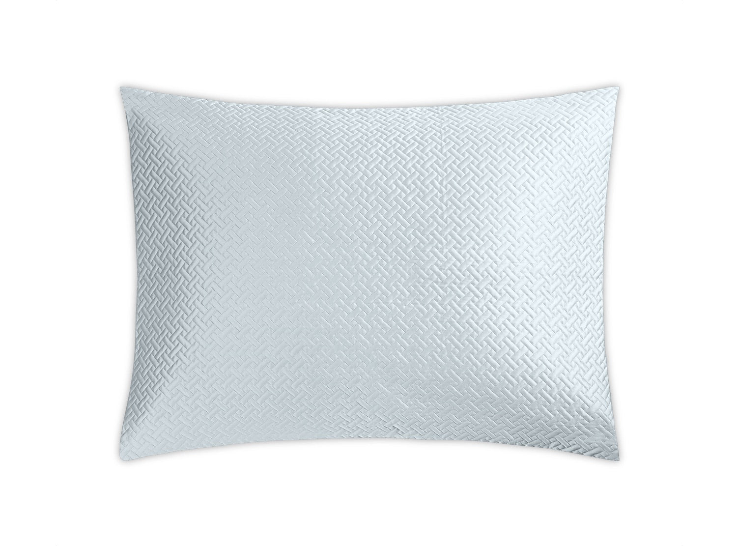 A decorative pillow from the Matouk Basketweave Bedding Collection in 'Pool' color showcases a light blue, textured geometric basketweave pattern on a white background, crafted from Egyptian cotton sateen.