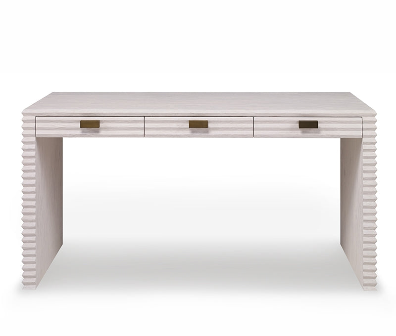 Mr Brown's Belmont Small Desk showcases a front-view white finish, three practical storage drawers, ridged side panels, and metal handles set against a pristine white background.