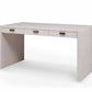 The Belmont Small Desk by Mr Brown, part of the Belmont Collection, is a modern wooden desk with storage drawers featuring a textured ribbed design and three compartments with dark handles.
