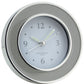 The Addison Ross Round Silver Alarm Clock features a white face, silver enamel frame, and displays the time as 1:50—an elegant addition to your bedside table.