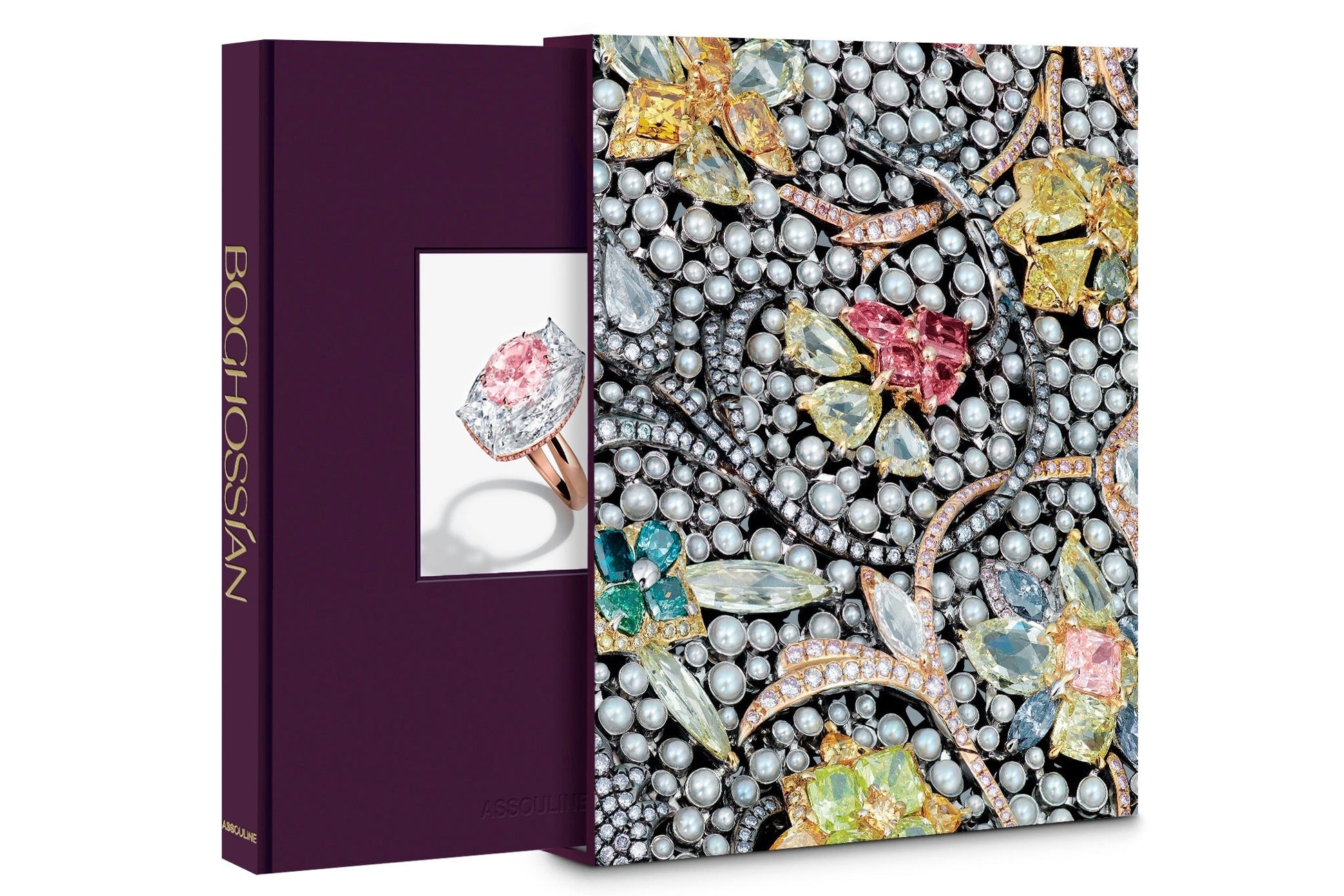 A photo of a luxury jewelry book with a cover featuring intricate designs of exceptional gemstones and pearls, showcasing the artistry of Assouline jewelers. The book's spine reads "BOGHOSSIAN" and highlights their cross-cultural influences in every detail.