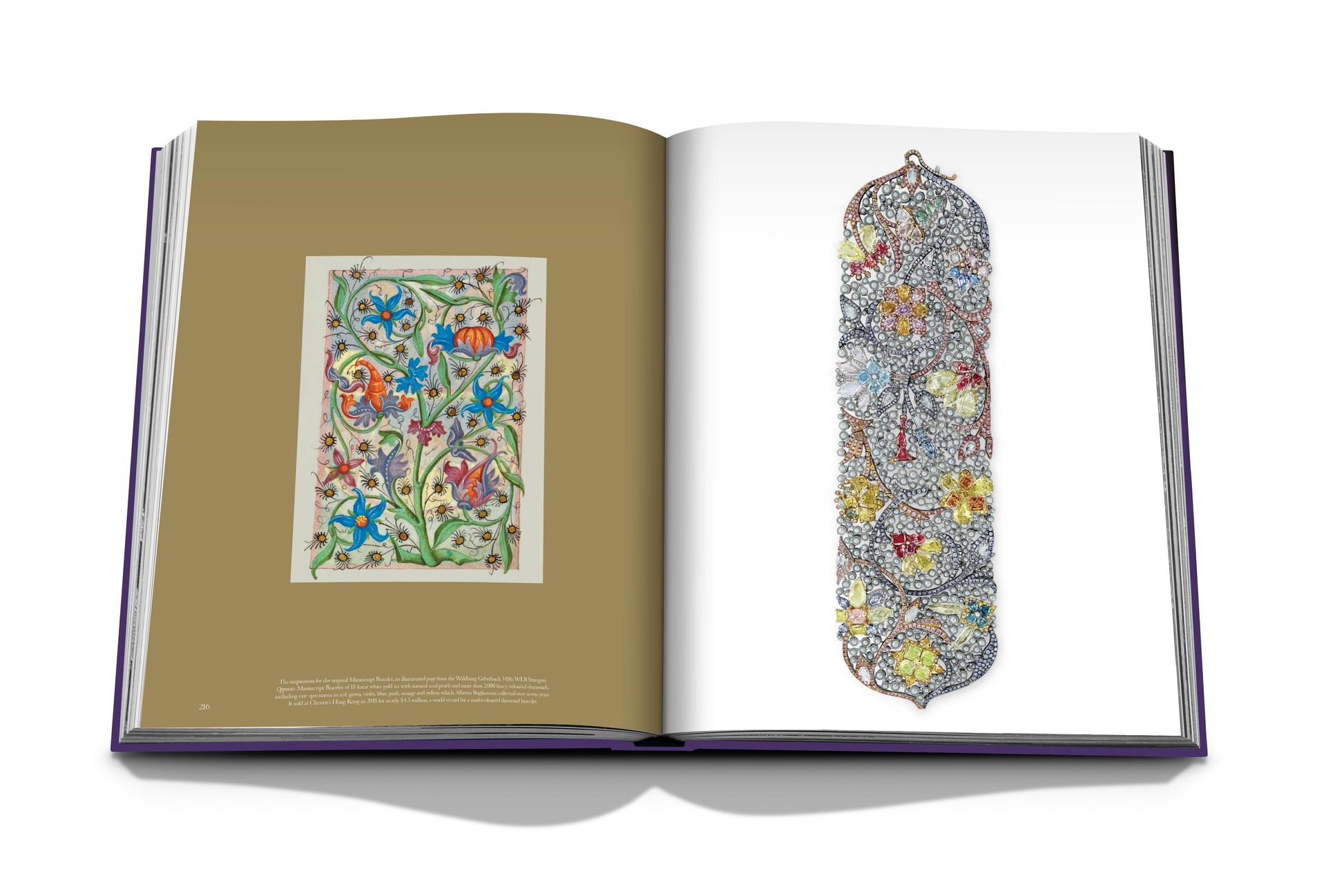 An open book showcasing colorful, intricate floral designs on both pages reflects cross-cultural influences. The left page features a rectangular artwork, while the right page displays a long, vertically oriented design from the Boghossian by Assouline.
