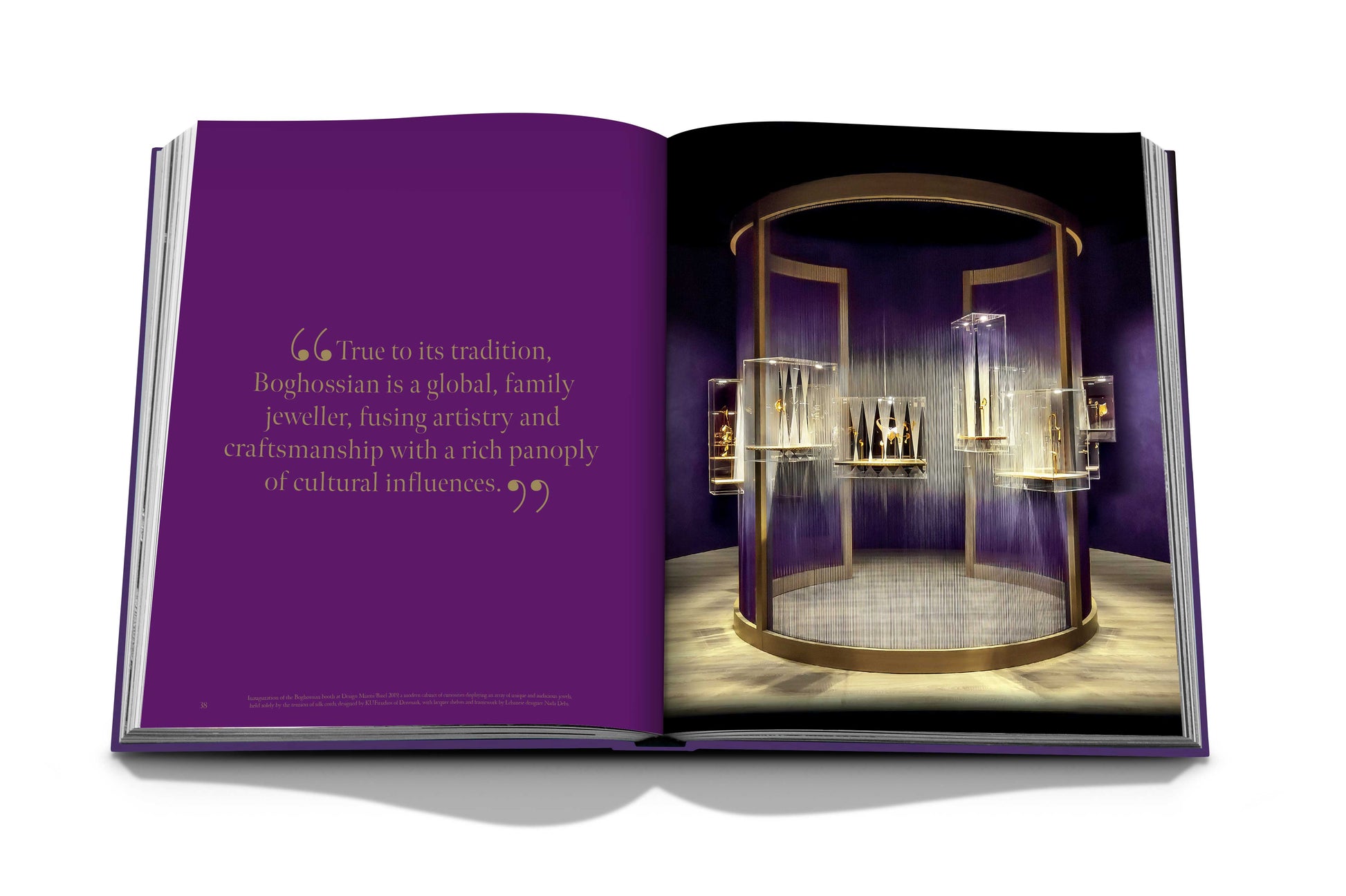 Image of an open book showcasing two pages. The left page has text on a purple background, while the right page features an artistic display of exceptional gemstones in a circular exhibit, highlighting cross-cultural influences brought to life by Assouline jewelers.