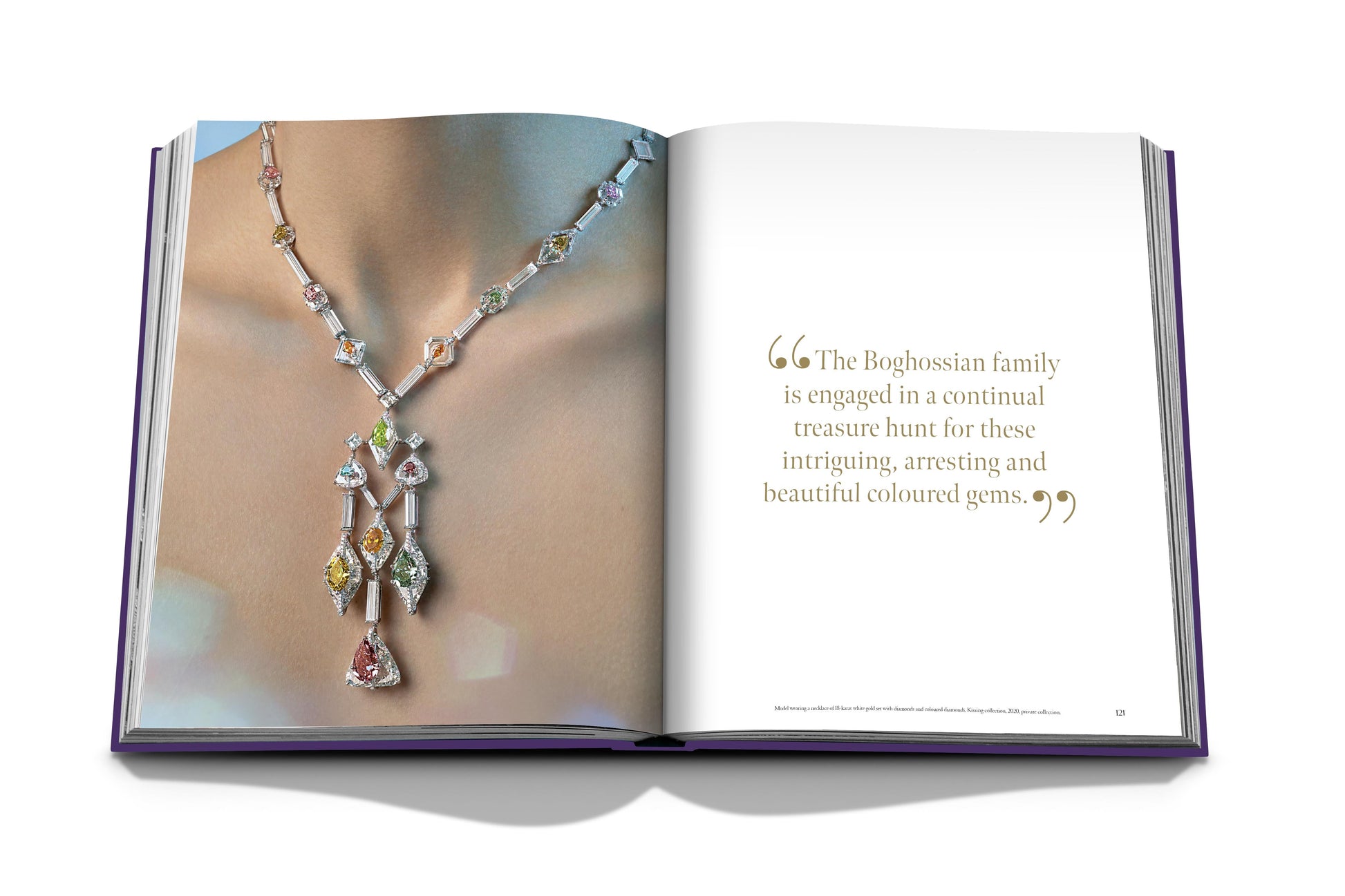 An open book reveals a person adorned with a colorful gemstone necklace on the left page and a quote about Assouline's search for exceptional gemstones, reflecting their cross-cultural influences, on the right page.