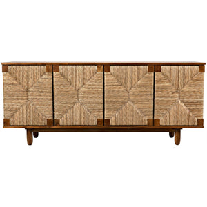 Introducing the Brook Sideboard by Noir, featuring four textured doors with a woven rush seagrass pattern, elegantly standing on rounded legs.