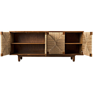 The Brook Sideboard by Noir is a wooden piece with two open doors and three interior shelves, adorned with woven straw accents. Meticulously crafted, it features rush seagrass to add a touch of natural elegance.