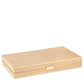 The Aerin Cane Backgammon Set features a rectangular, tan woven box with a closed lid, small front handle, and subtle brass hardware accents.