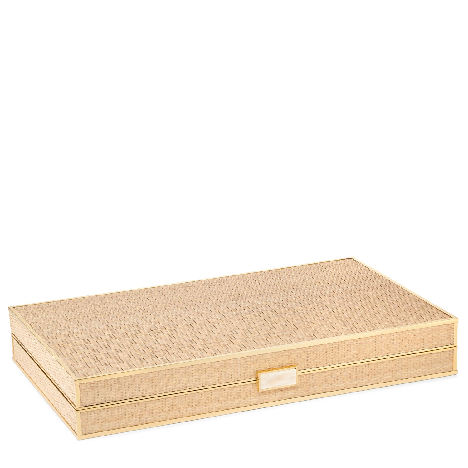 The Aerin Cane Backgammon Set features a rectangular, tan woven box with a closed lid, small front handle, and subtle brass hardware accents.