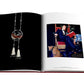 An open book showcases a necklace on the left page, representing modern femininity, while on the right page, a man is seated with a book beside an exquisite Cartier Panthere statue crafted by Assouline.