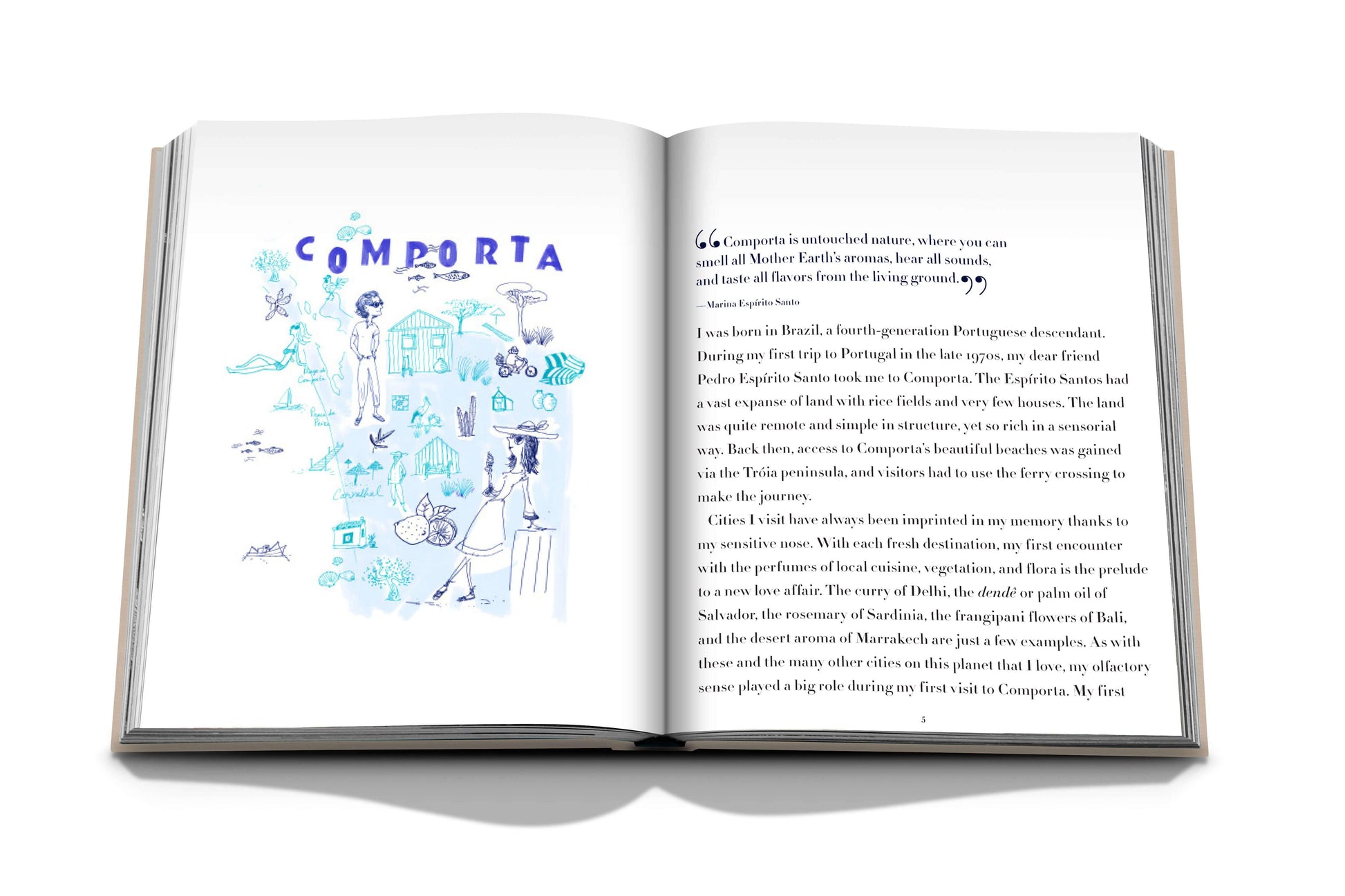 An open book displaying text on the right page and an illustration with the word "Comporta Bliss" in blue letters on the left page. The illustration includes people, animals, and various objects, reflecting the vibrant artistic community and nearby beaches of Comporta. The book is by Assouline.