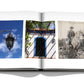 An open book displaying three images: a street lamp against a blue sky, a house with a blue door and window adorned with vines, and a vintage photo of a person on a horse. Each scene captures the essence of Comporta's artistic community near its serene beaches in "Comporta Bliss" by Assouline.