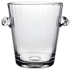 The Corinne Champagne Bucket by William Yeoward Crystal features handmade glass, a vertical ribbed pattern, and two round side handles—a perfect touch for elegant celebrations.