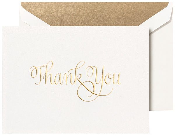 Elegant Crane "thank you" note with gold calligraphy and matching Gold Lustre envelope.