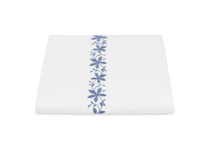 The Matouk Callista Bedding Collection in Bluebell features a white Giza Egyptian cotton fabric with a vertical blue floral pattern displayed on a white background.