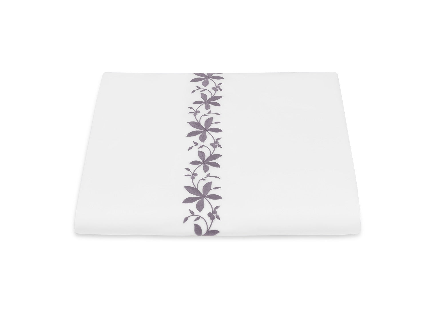 White square dinner plate with a Matouk Callista Bedding Collection, Lilac design running down the center, isolated on a white background.