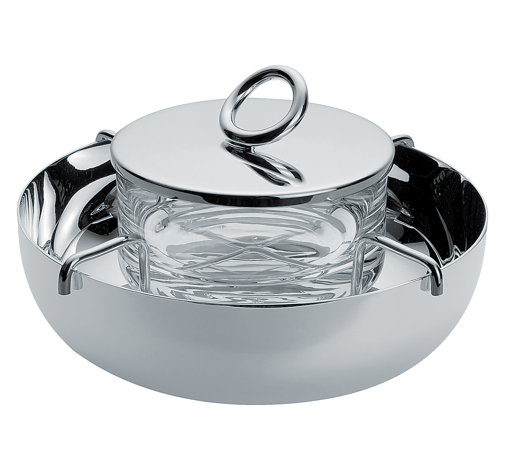 The Christofle Vertigo Small Caviar Serving Set features a silver-plated lidded dish with a circular handle, an inner glass bowl, and embodies the elegant design of Andrée Putman.
