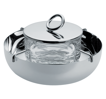 The Christofle Vertigo Small Caviar Serving Set features a silver-plated lidded dish with a circular handle, an inner glass bowl, and embodies the elegant design of Andrée Putman.