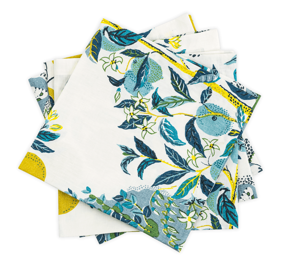 The Matouk Citrus Garden Pool Napkin Set features folded napkins with blue and green floral patterns on a white background, accented with yellow, adding Josef Frank's artistic touch to your table setting.