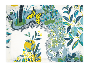 The Citrus Garden Pool Placemats, Set of 4 by Matouk features a botanical illustration inspired by Schumacher, with green and yellow plants, white flowers, and two butterflies—one yellow with black stripes and one white with black spots.