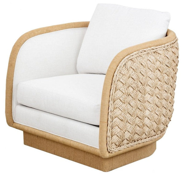 A McGuire Coastal Braided Swivel Lounge Chair with a white cushion.