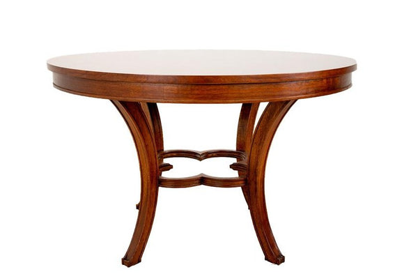 The Hickory Chair Collier Dining Table features a round table with a wooden base, showcasing a light Walnut finish.