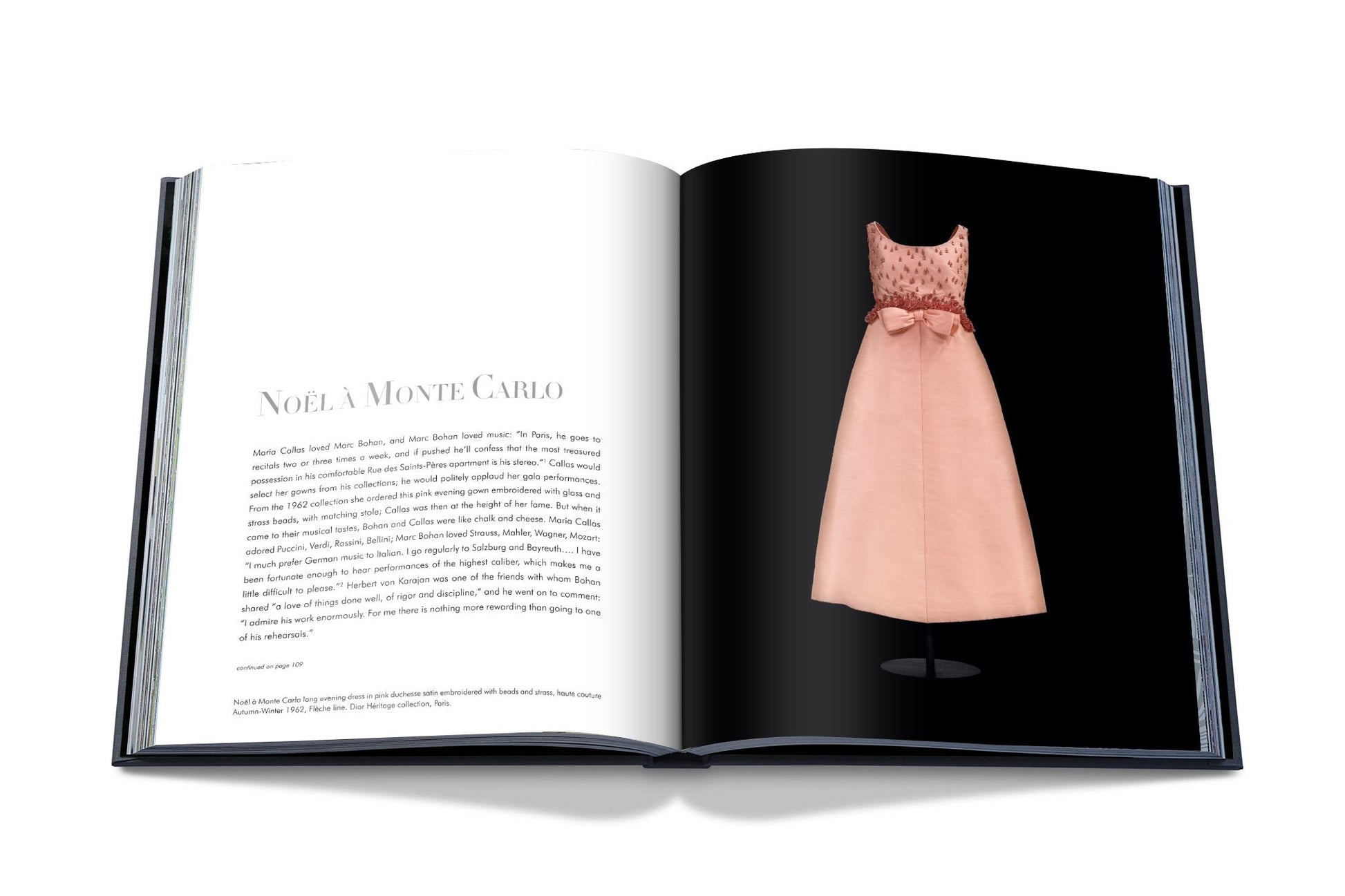 An open book displays text on the left page and a photo of a pink sleeveless dress on the right. The dress, reminiscent of haute couture, features a ribbon at the waist and a textured upper section, making it one of those fashion treasures you'll adore. Titled "Dior III by Marc Bohan" by Assouline, this book captures the essence of timeless elegance.