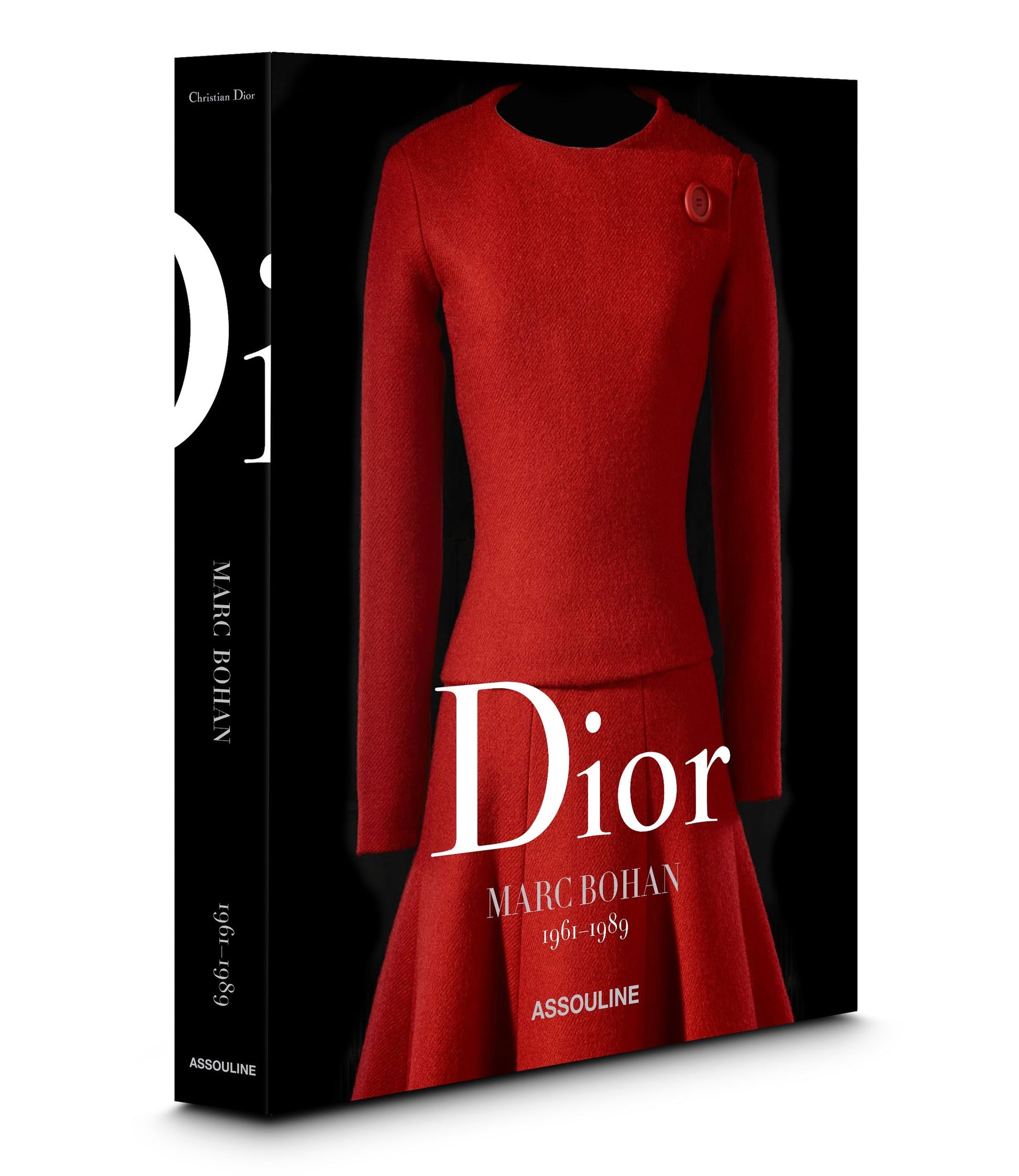 Cover of the book "Dior III by Marc Bohan," featuring a red dress set against a black background, published by Assouline. This stunning volume unveils fashion treasures and the essence of haute couture.