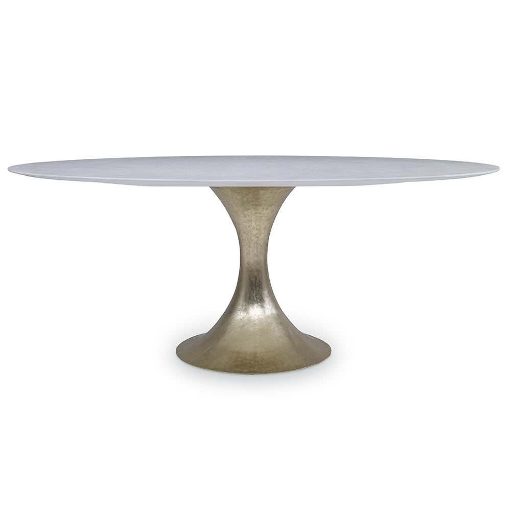 The Julian Chichester Dakota Dining Table showcases an elegant oval design with a smooth white top and a single metallic pedestal, subtly accented by dante brass.