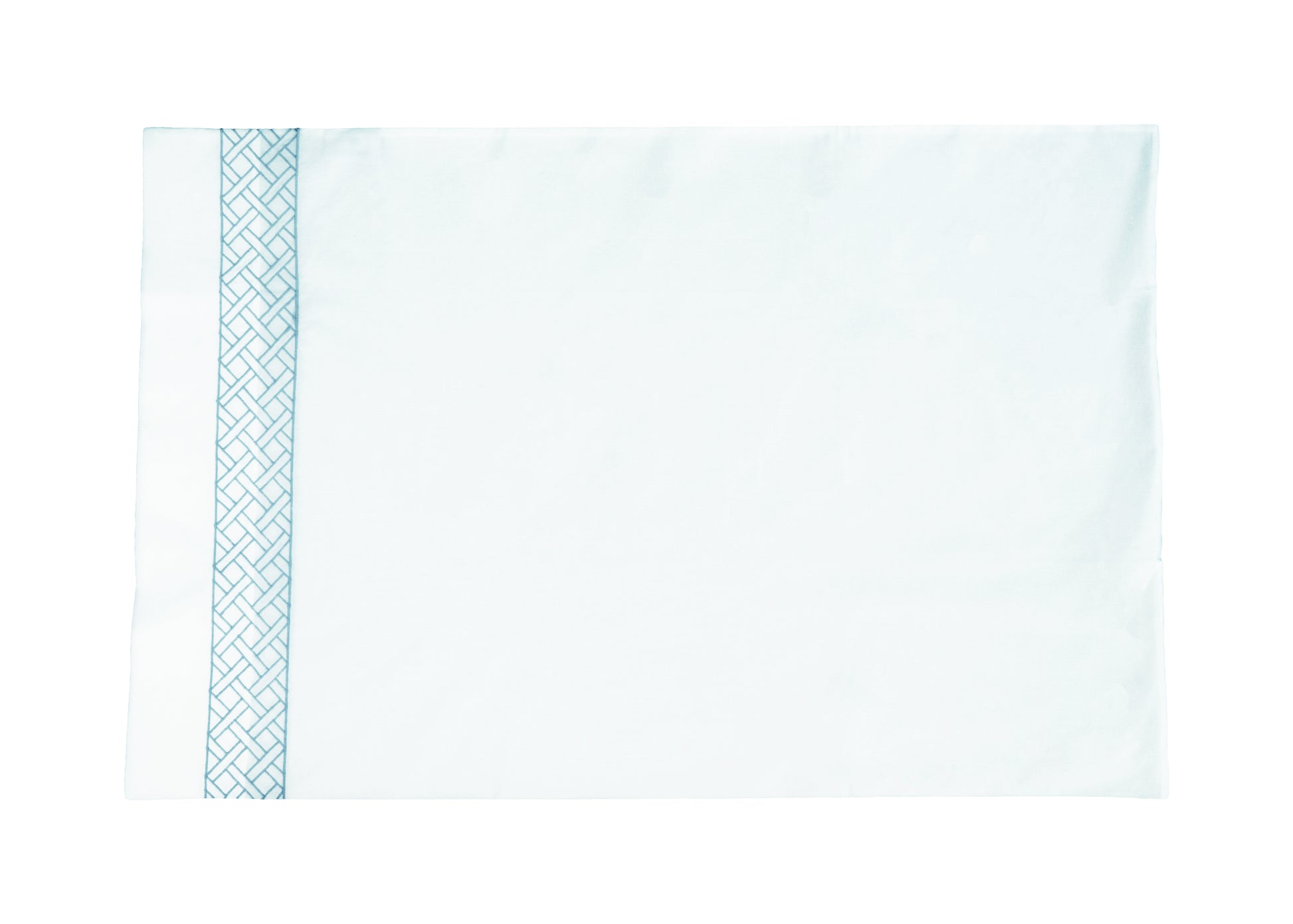 A white pillowcase from the Matouk HIVE Exclusive Rovella Bedding Collection in dark teal, crafted from crisp Egyptian cotton percale with a dark teal geometric border—an elegant touch for your bedding. Shown on a white background.