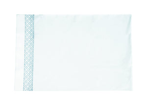 Add an elegant touch to your HIVE Exclusive Matouk Rovella Bedding Collection in dark teal with a luxurious pillowcase. This pillowcase features a white base and a blue geometric pattern stripe along one edge. It is expertly crafted from Egyptian cotton percale and meets the OEKO-TEX® Standard 100 certification, ensuring both quality and comfort.