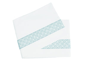 These two folded sheets, crafted from Egyptian cotton percale in the HIVE Exclusive Matouk Rovella Bedding Collection, feature a dark teal woven pattern border, showcasing the quality of Matouk bedding.