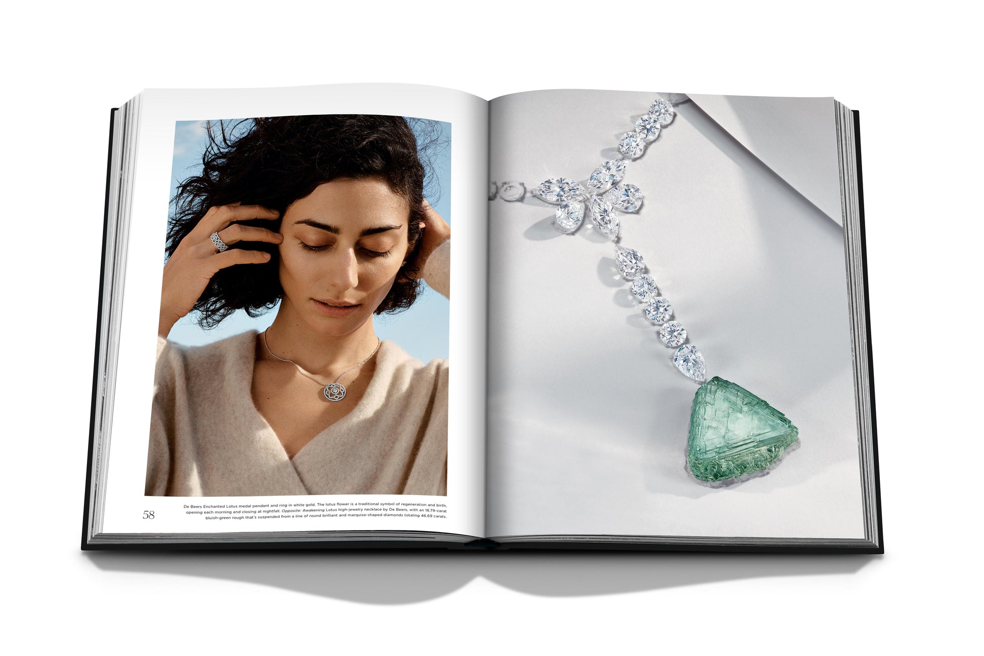 An open book reveals a woman wearing a necklace on the left page and a detailed image of a gemstone necklace on the right, capturing the elegance that Assouline exemplifies with their luxury designs and natural diamonds in "Diamonds: Diamond Stories".