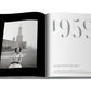 Open book showing a black-and-white photograph of a smiling woman in front of a clock tower on the left page, and the year "1959" with text about Assouline's Dior II by YSL on the right page.